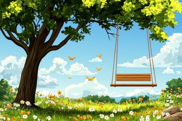 Poster - A Swing Hanging from a Tree Branch in a Sunny Meadow