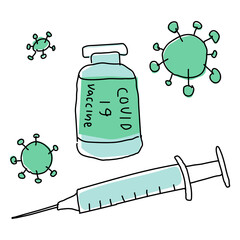 Wall Mural - Covid 19 vaccine png doodle illustration vial with needle doodle for clinical trial