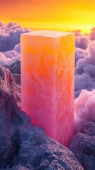 Wall Mural - A pink and orange cube is on a rocky mountain