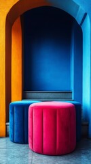 Poster - A blue and orange archway with three red and blue round stools in front of it