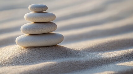 Poster - Zen garden with the stones and white sand pattern minimal scene Stack of Balanced Pebbles zen pebbles relax massage meditation studio photography : Generative AI