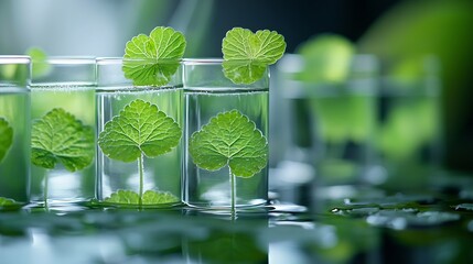 Poster - Green Background Centella asiatica for Biological experiment presentation Centella asiatica leaves green water in biological test tubes Production of cosmetics based on Centella asiati : Generative AI