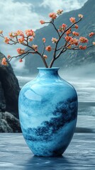 Wall Mural - A blue vase with a blue and white design sits on a table