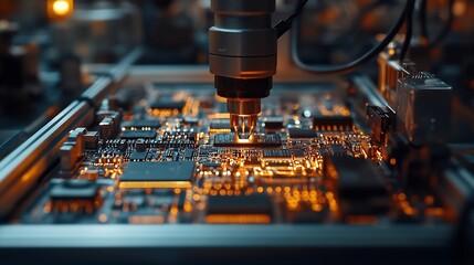 Aufkleber - Component Installation and Quality Control of Circuit Board Fully Automated PCB Assembly Line Equipped with High Precision Robot Arms at Electronics Factory Electronic Devices Manufact : Generative AI