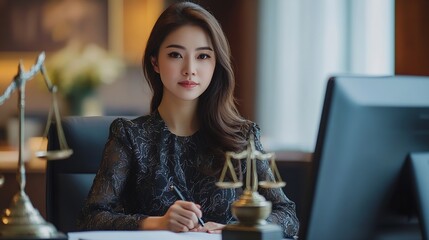 Aufkleber - Female lawyer works in office or court checks clients contracts Calling by phone Asian successful business lady statuette of Themis goddess of justice legal advice online : Generative AI