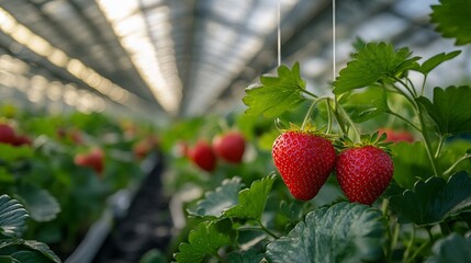 Poster - Harvesting of fresh ripe big organic red strawberry fruit in own garden Banner with strawberry plants in a planthouse : Generative AI