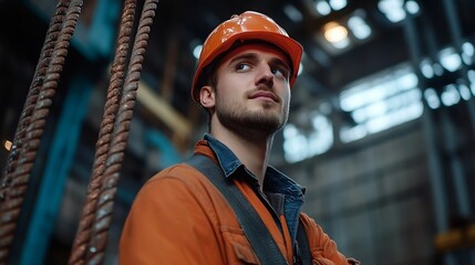Leinwandbilder - Young caucasian industrial worker holds belt for lift heavy load on hoist of crane in steel factory : Generative AI
