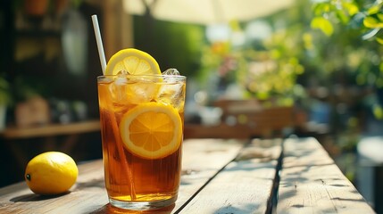 Poster - plastic glass with ice tea and lemon on wooden table with green garden on the background : Generative AI