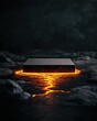 © AImagine Designs - A podium made of liquid gold in the middle of a lava river, glowing, high contrast, dark and fiery tones, fantasy style