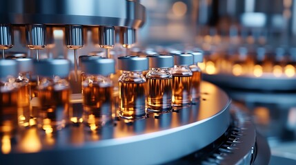 Aufkleber - A lot of liquid vaccine medicine filled glass injection vials entering into lyophilization chamber for freeze drying process in a medicine manufacturing factory injectable : Generative AI