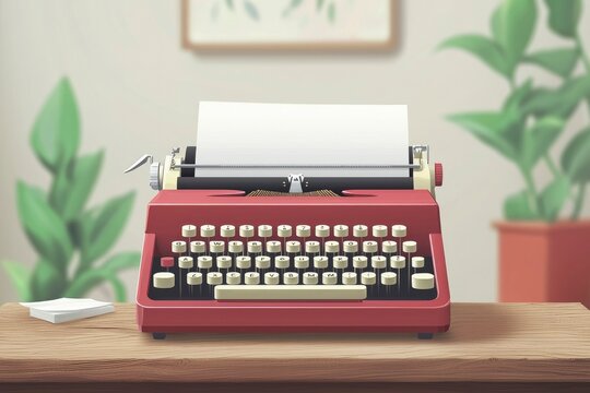 Vintage Red Typewriter on Wooden Table with Paper