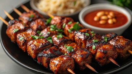 Indonesian satay skewers with peanut sauce on a white background