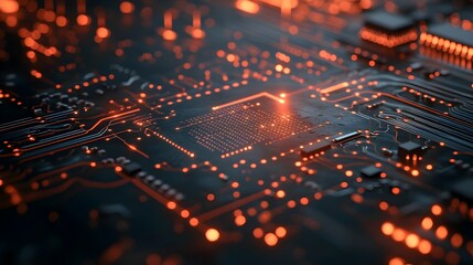 Poster - macro photography of a microchip soldered onto a circuit board highlighting the intricate connection