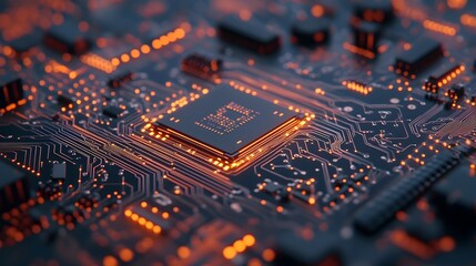 Poster - Close up Macro Photography of an Intricately Soldered Microchip on a Complex Circuit Board Highlighting the Detailed Connections and Traces