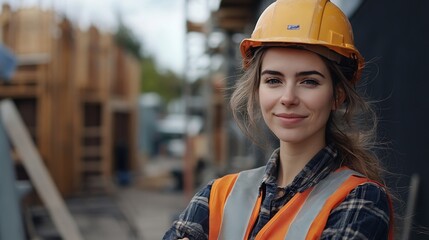 Happy portrait arms crossed and woman in construction site for real estate industry ppe safety and renovation design Smile lady contractor and pride for building project and property m : Generative AI