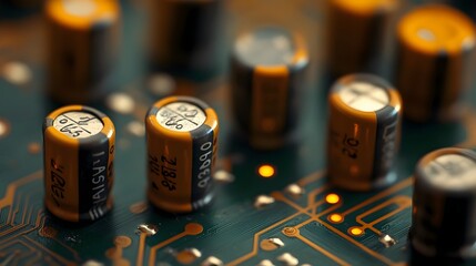 Poster - Macro Photography Showcasing the Intricate Details of Capacitors and Resistors Neatly Arranged on a Circuit Board Highlighting the Precision and Complexity of Electronic Components
