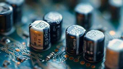 Poster - Macro photography showcasing the intricate details and precision of electronic components such as capacitors and resistors aligned on a circuit board highlighting the technology engineering