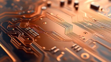 Poster - Intricate Copper Circuits of a Printed Circuit Board in Macro Photography Showcasing the Fine Lines Vias and Geometric Patterns of Electronic Hardware