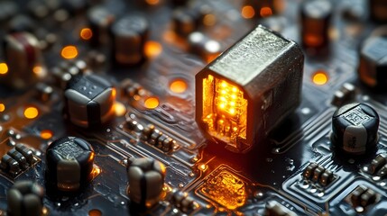 Poster - Macro Photography of Circuit Board Capturing Close Up Details of Illuminating LED and Surrounding Electronic Components