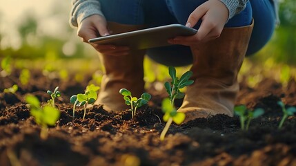 Aufkleber - Farmer woman in boots checks the quality of the soil before sowing in her hands with a digital tablet Woman agronomist in a field of young sprouts Concept of gardening ecology tegnolog : Generative AI