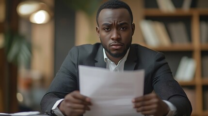 Poster - Curious serious African man sitting at the table tall and proud holding up papers legal documents or contracts feeling accomplished and successful in his career as a lawyer or business : Generative AI
