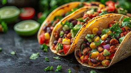 Wall Mural - Mexican tacos filled with vibrant ingredients on a white background