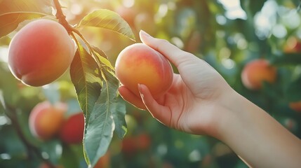 Aufkleber - Harvesting peaches Female hand touching fresh ripe peach on branch of peach tree in orchard : Generative AI