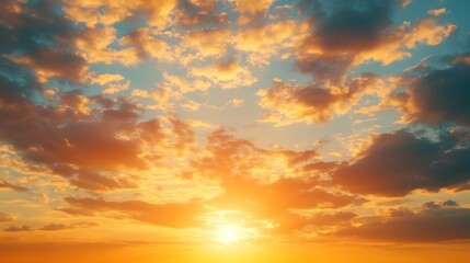 Poster - Morning sky clouds Background with orange yellow sunrise and golden sky in summer : Generative AI