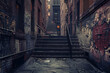 © Nomad_Soul - A dimly lit dark alleyway with stairs leading up to a building. Generative AI