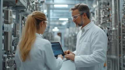 Poster - Middle Aged Engineer and Female Scientist Standing with Their Back Using Laptop Computer and Talking in a Factory Facility with Equipment Producing Modern Technical Devices for Differe : Generative AI