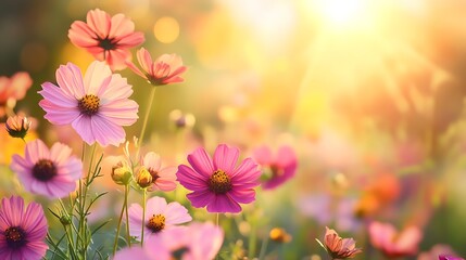 Poster - meadow flowers in early sunny fresh morning Vintage autumn landscape background colorful beautiful fall flowers magical : Generative AI