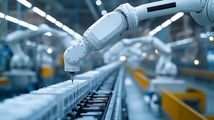 Poster - Row of White Robotic Arms at Automated Production Line at Factory Electric Car Manufacturing Line Inside Automotive Smart Factory Industrial Robot Arms Assemble LithiumIon EV Battery P : Generative AI
