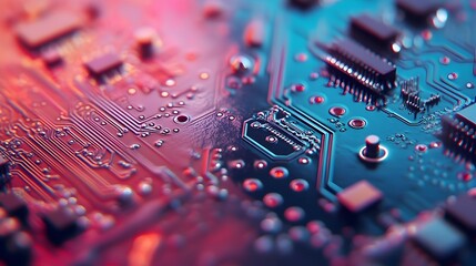 Poster - macro photograph showcasing the intricate design and microstructures of a semiconductor die revealin