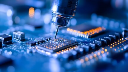 Poster - Macro photography showcasing the precision and sterile environment of a semiconductor cleanroom  Capturing the intricate tools components