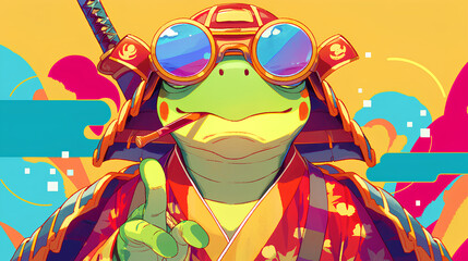 Poster - Cute turtle wearing Japanese samurai armor, cool poses, cute kawaii, simple, smiling happy. neon psychedelic background