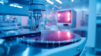 Poster - Macro photography capturing the intricate details and sterile environment of a cleanroom semiconductor manufacturing facility