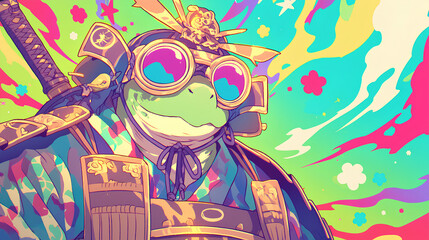 Poster - Cute turtle wearing Japanese samurai armor, cool poses, cute kawaii, simple, smiling happy. neon psychedelic background