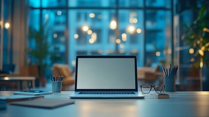 Poster - Laptop Computer notebook and eyeglasses sitting on a desk in a large open plan office space after working hours : Generative AI