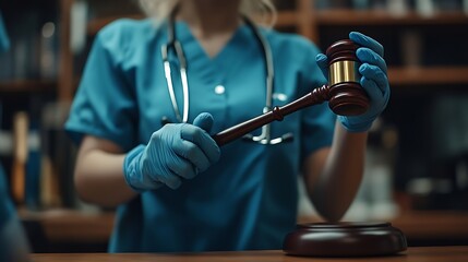 Closeup of woman doctor hands in gloves striking with judge gavel Medical malpractice personal injury lawyer and healthcare legal aspects concept : Generative AI