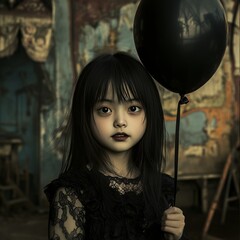 Wall Mural - A young girl in a black dress stares intensely at the camera, holding a black balloon in front of a faded carnival backdrop.