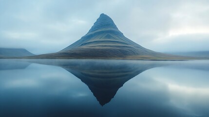 Poster - Beautiful aerial view of Kirkjufell volcanic mountain reflect on lake during autumn in the morning at Snaefellsnes peninsula Iceland : Generative AI