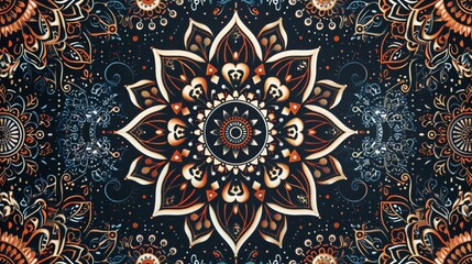 A detailed mandala pattern with intricate designs in orange, white, and blue on a black background.