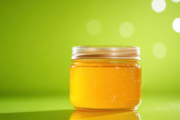 glowing honey jar on bright green background in high-definition close-up