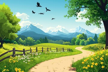 Poster - Winding Path Through a Sunny Meadow with Mountain View