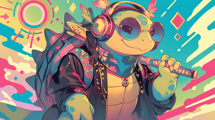 Poster - Cute turtle wearing Japanese samurai armor, cool poses, cute kawaii, simple, smiling happy. neon psychedelic background