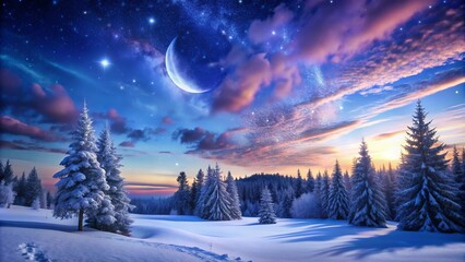 Serene winter night sky with swirling clouds of soft blue and purple hues, illuminated by a crescent moon and twinkling stars above snow-capped trees.
