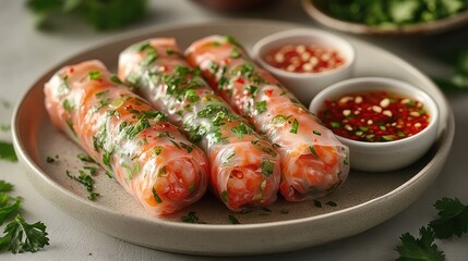 Wall Mural - Vietnamese spring rolls with dipping sauce on a white background