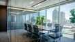 © Anastasia - A glass-walled meeting room in a modern office features a sleek table, ergonomic chairs, and stunning city views with greenery enhancing the workspace