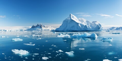 Majestic icebergs stand prominently in the calm blue polar waters, reflecting their massive forms, evoking grandeur and the pristine essence of untouched polar environments.