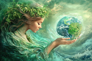 Gaia, the Earth Mother, cradles our planet in her gentle hands, a symbol of nurturing and protection.